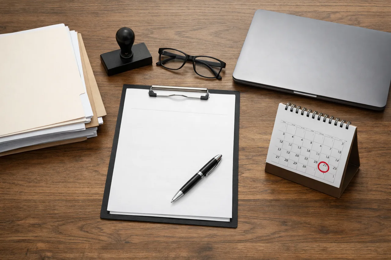 Bureau avec documents de dissolution, tampon, stylo et ordinateur portable fermé pour illustrer la fermeture de société