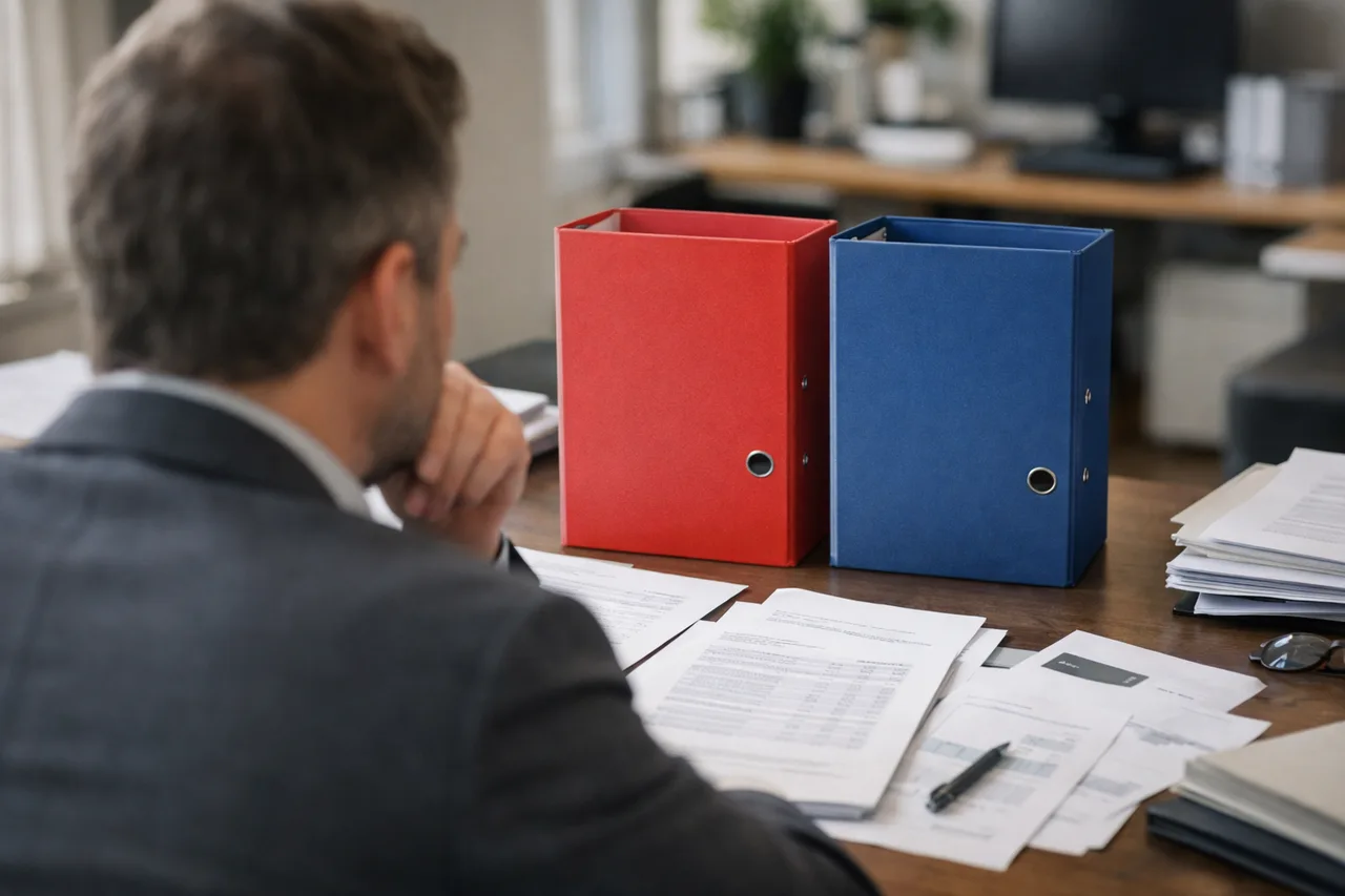Entrepreneur à son bureau comparant deux options de procédure de liquidation avec des dossiers et documents financiers