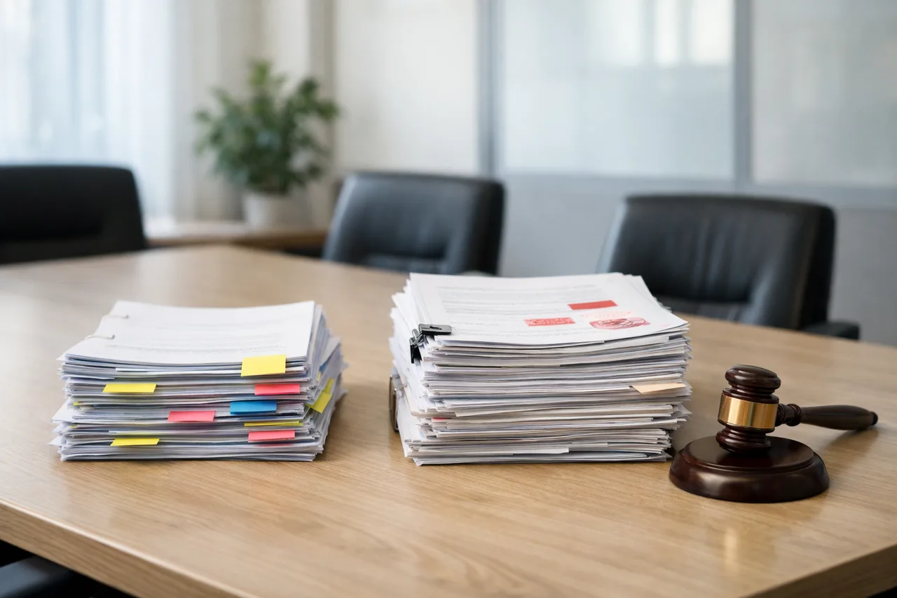Table de réunion avec piles de documents juridiques différentes et un maillet de tribunal posé à côté